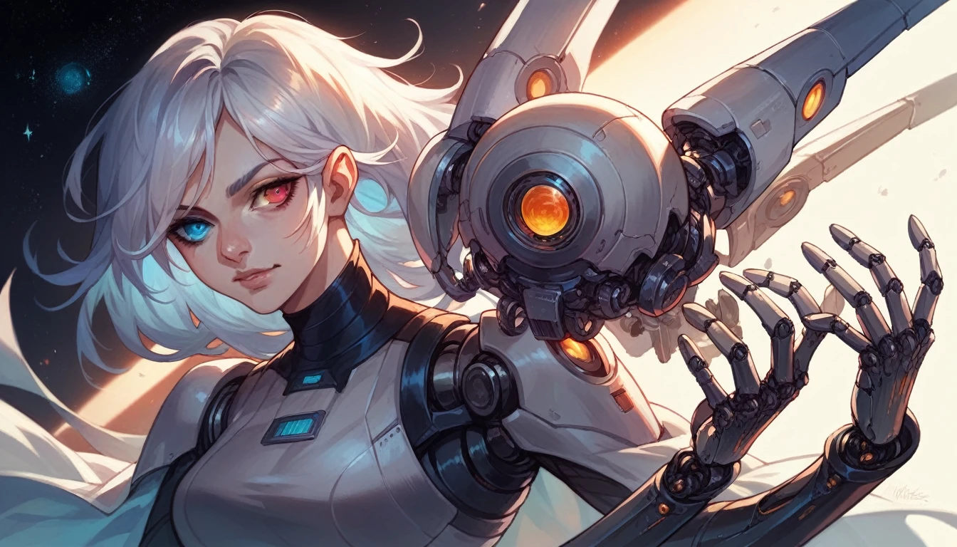 beauty, Girl, mechanical parts, in the space, Hyperrealistic details, volumetric lighting, high quality, minute details, silver hair, heterochromia one eye pink and the other white,