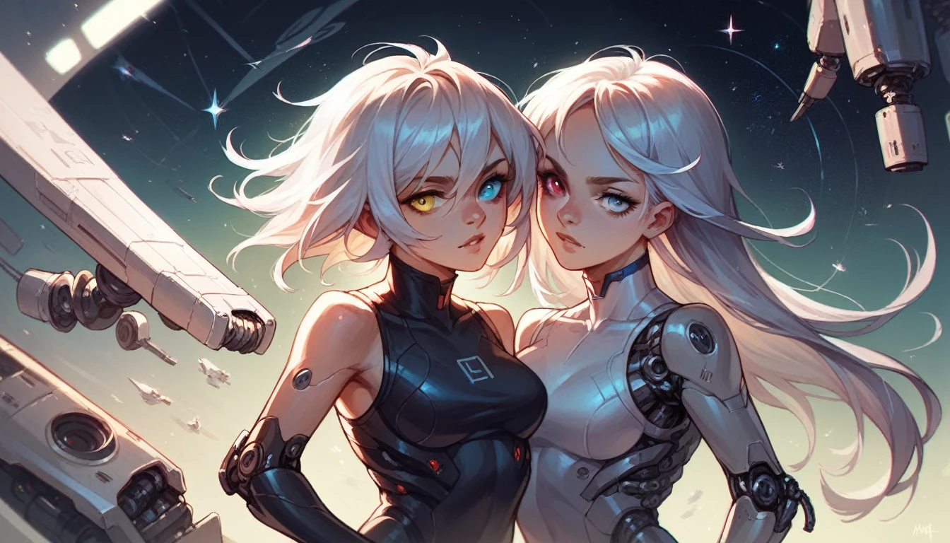 Incredibly beautiful girl (half-elf) with a model-like physique. She has long legs and a slender face with highly defined eyes. Her hairstyle is a ash-colored ponytail. She has a chest but maintains a seductive posture. The scene is set in space with a cosmic background. Medium: Digital illustration Additional details: The girl is wearing a futuristic, form-fitting bodysuit in shades of silver and purple. The suit glows with intricate patterns, emphasizing her curves. She is surrounded by swirling stardust and colorful nebulae. Her eyes emit a soft, ethereal glow. The lighting is dramatic, with a strong interstellar light source casting shadows and highlights on her delicate features. Image quality: (best quality, 4k, 8k, highres, masterpiece:1.2), ultra-detailed, (realistic, photorealistic, photo-realistic:1.37) Art style: Sci-fi, concept art Color palette: Cool tones with hints of purple, blue, and silver Lighting: Dramatic interstellar lighting with strong highlights and shadows.