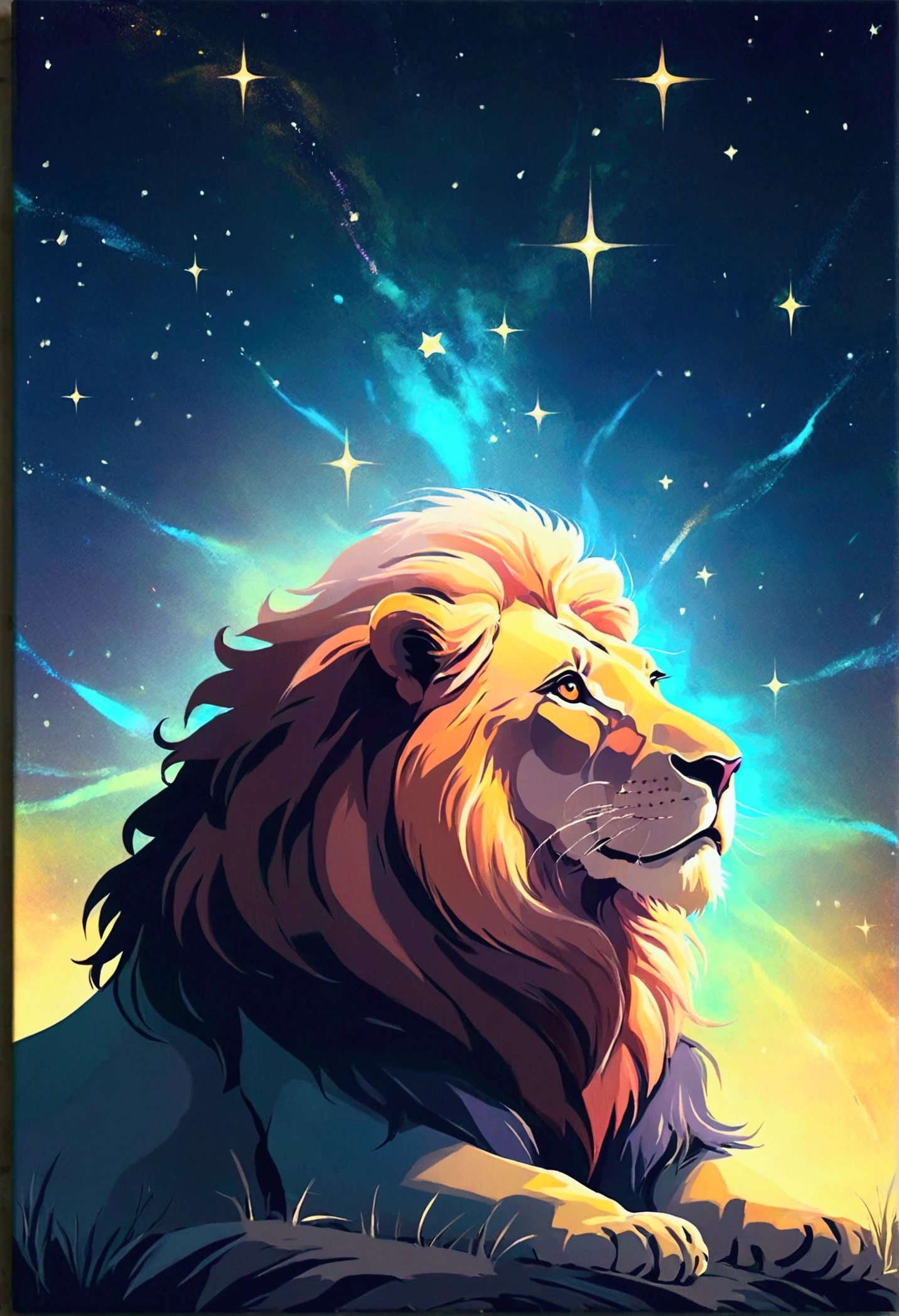 a lion silhouette composed by bright stars. Cosmic background