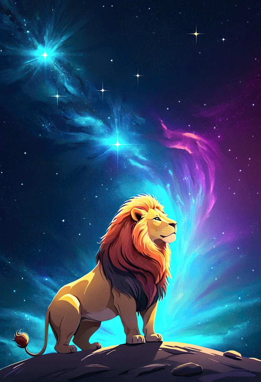 a lion silhouette composed by bright stars. Cosmic background
