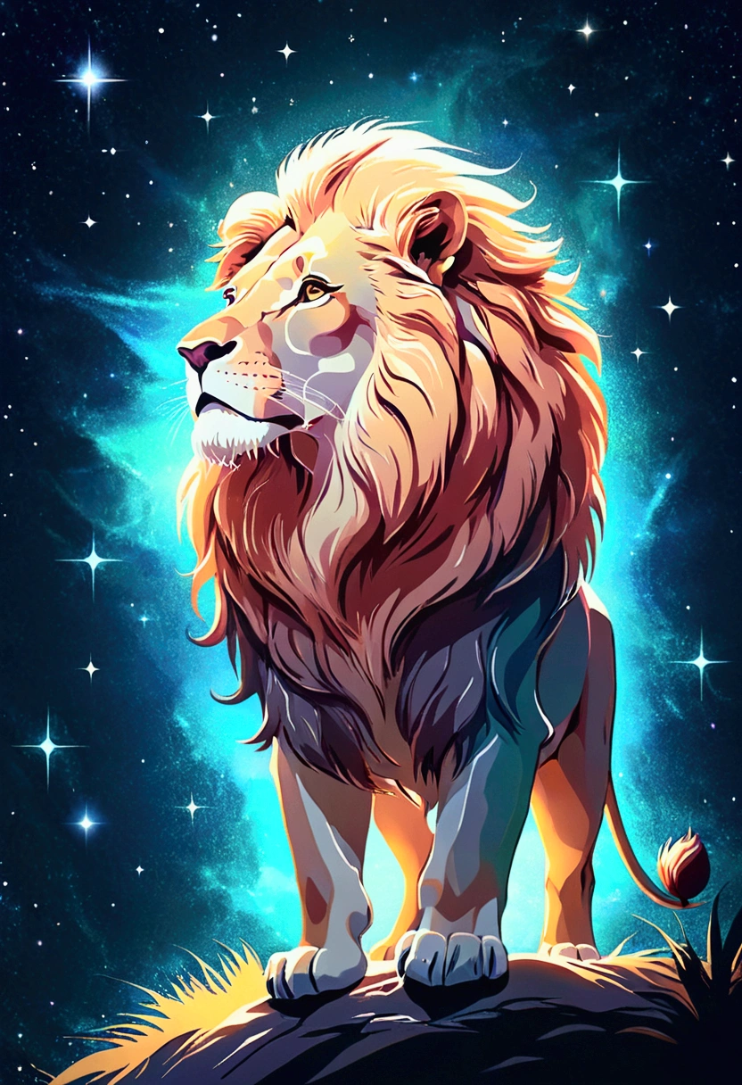 a lion silhouette composed by bright stars. Cosmic background