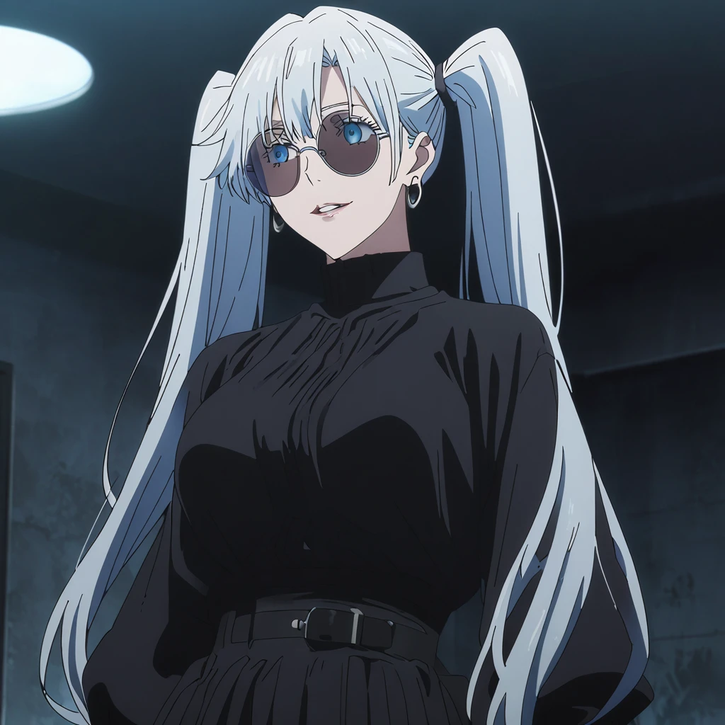 1girl, female gojo satoru, anime screencap from jujutsu kaisen, gojo satoru female version, solo, long_hair, ((Blue eyes, round sunglasses)) ((Silver_hair, twintail )) , night view, (hanging breasts) upper_body, smile, indoors, parted lips, (long hair) ((wearing black colour outfit, glossy)) breast, "very detailed and high resolution" (Blue eyes, round sunglasses ) ((solo)) (((front view))) (earings) ((high resolution)) ((good quality)) ((silky hair, twintail )) ((parted lips)) ((full body))