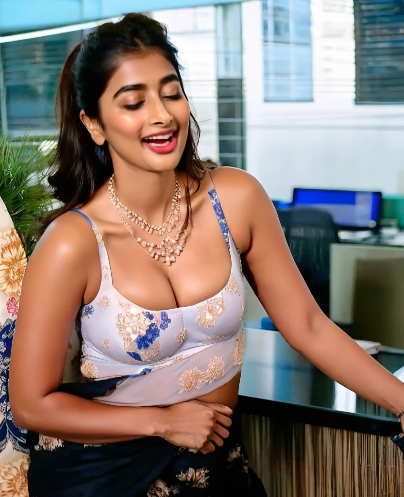  photo of Semi naked pooja hegde masturbating pussy in office, chin up and self pleasure in pain, open mouth wide, laugh, curvy, hourglass figure, swooping breasts, closed eyes, standing with wide open spread legs, necklace, blue floral lace bra and saree, sultry, ponytail