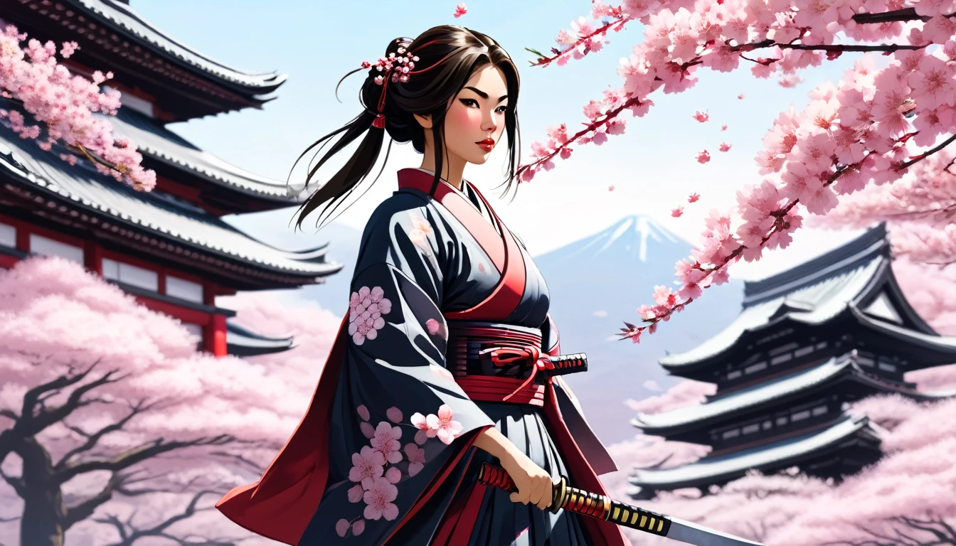 Female samurai,Background is cherry blossoms and a Japanese temple
