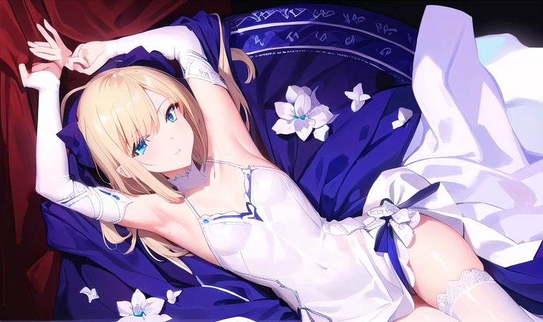 reines el-melloi (blue eyes:1.7), short blonde hair (small chest:1.2), raised arms BREAK collarbone, very short and low-cut wedding dress with white stockings, bare arms, bare shoulders, bare thighs BREAK looking at viewer, BREAK indoors, BREAK (masterpiece:1.2), best quality, high resolution, unity 8k wallpaper, lying on bed with arms up (illustration:0.8), (beautiful detailed eyes:1.6), extremely detailed face, perfect lighting, extremely detailed CG, (perfect hands, perfect anatomy),