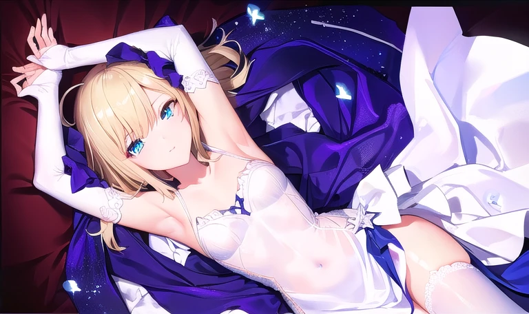 reines el-melloi (blue eyes:1.7), short blonde hair (small chest:1.2), raised arms BREAK collarbone, very short and low-cut wedding dress with white stockings, bare arms, bare shoulders, bare thighs BREAK looking at viewer, BREAK indoors, BREAK (masterpiece:1.2), best quality, high resolution, unity 8k wallpaper, lying on bed with arms up (illustration:0.8), (beautiful detailed eyes:1.6), extremely detailed face, perfect lighting, extremely detailed CG, (perfect hands, perfect anatomy),