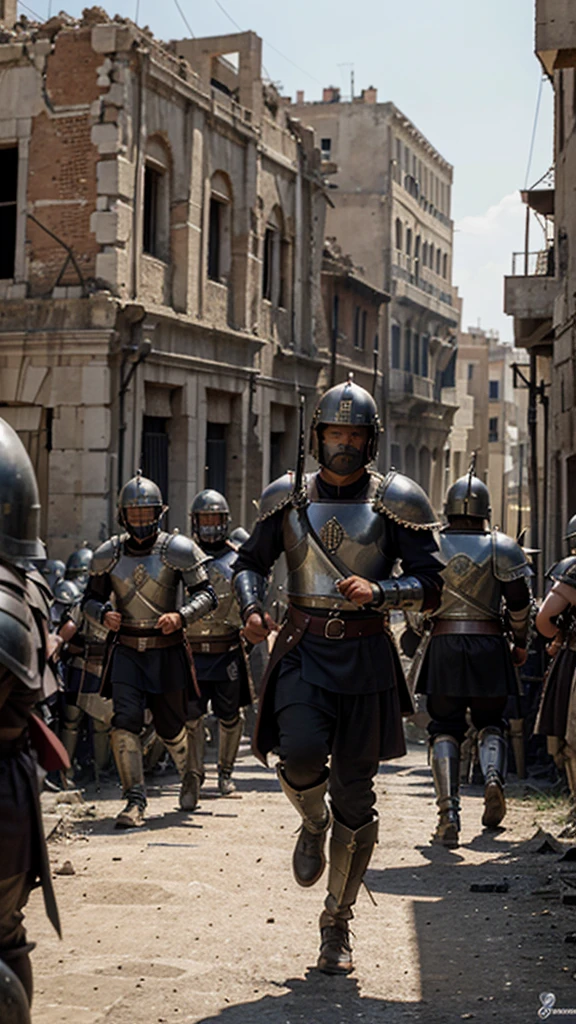 Create a 3D caricature of a Roman army general with his armor and sword and his troops in the back row running, in the 5th century, looking like they are about to enter the destroyed and burning city of Rome, create in great detail the background of the relevant building symbols and clothing on back then and created this 8K Cinematic, using a color palette of black, gray, and red