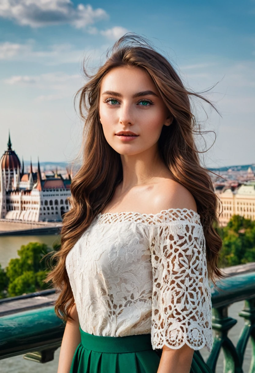 Create a breathtaking travel photo featuring (((Nógrády Dia))), a stunning 22-year-old Hungarian woman. She stands against the backdrop of a beautiful European cityscape, possibly Budapest, with iconic landmarks visible. Dia has fair, glowing skin, high cheekbones, and deep emerald green eyes. Her long chestnut brown hair flows in soft waves. She wears a stylish, elegant outfit suitable for sightseeing. The scene should capture the charm of the city with Dia's radiant beauty and joyful expression. Natural lighting enhances the overall atmosphere, making it a perfect travel adventure shot.