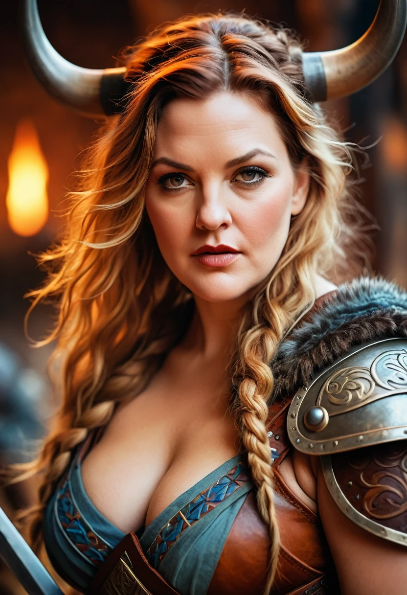 Looks like Drew Barrymore, A stunning intricate full color portrait of (sks woman:1) as (viking warrior), (barbarian), extremely seductive woman, busty outfit, perfect plus size Beauty, Barbarian warrior queen, fluffy streax hair, styled hair, epic character composition, by ilya kuvshinov, alessio albi, nina masic, sharp focus, natural lighting, subsurface scattering, f2, 35mm, film grain,