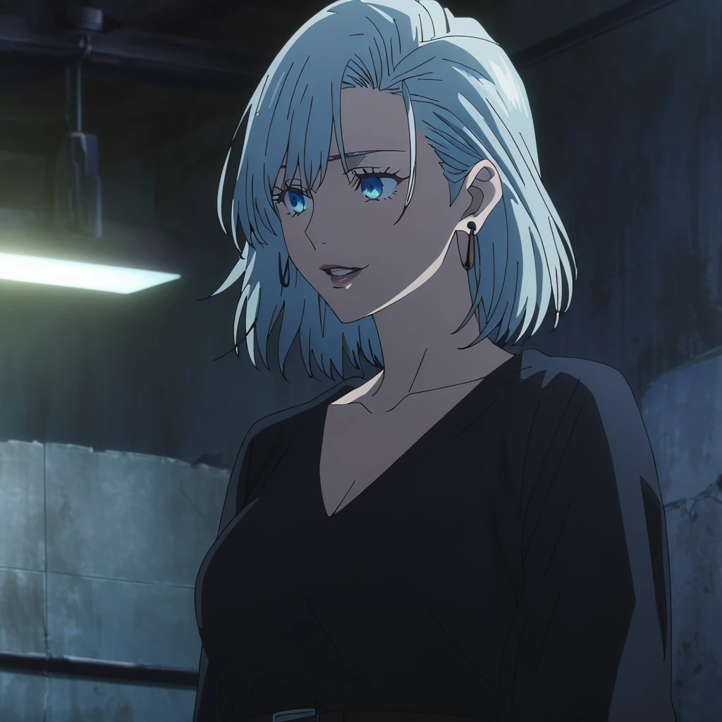 1girl, female gojo satoru, anime screencap from jujutsu kaisen, gojo satoru female version, solo, short_hair, ((Blue eyes, round sunglasses)) ((Silver_hair, hair over ear from one side))((slicked hair)) , night view, (hanging breasts) upper_body, smile, indoors, parted lips, (short hair) ((wearing black colour outfit, glossy)) breast, "very detailed and high resolution" (Blue eyes, round sunglasses) ((solo)) (((front view))) (earings) ((high resolution)) ((good quality)) ((silky hair, hair over ear from one side))((hair slicked)) ((parted lips)) ((full body))