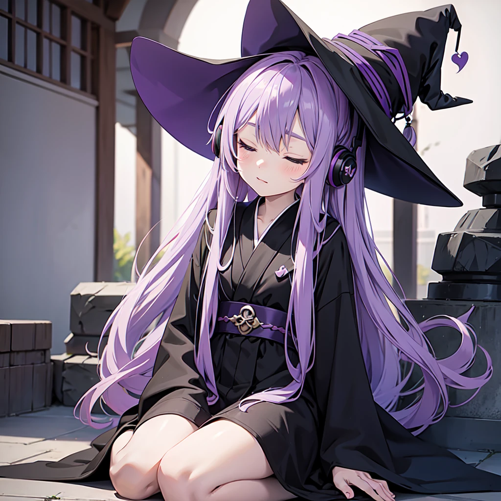 1 person. Anime girl with long purple hair and black robe. Pointy ears. Cute as in manga. Sitting with eyes closed. Headphones. Witch hat on the ground.