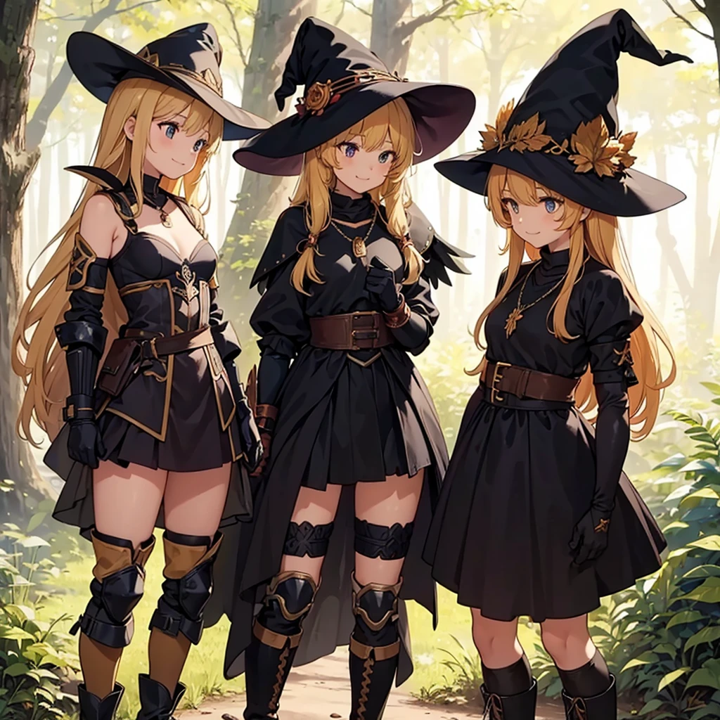 a group of beautiful witch girls in the middle of a forest in the night, tribal tattoo ,multiple girls, five girls, light armor ,elbow pads, knee pads, red and blonde hair , standing girl young girl, gloves, elbow pads, boots, smiles, small breasts, long black dress, necklaces, full body,
