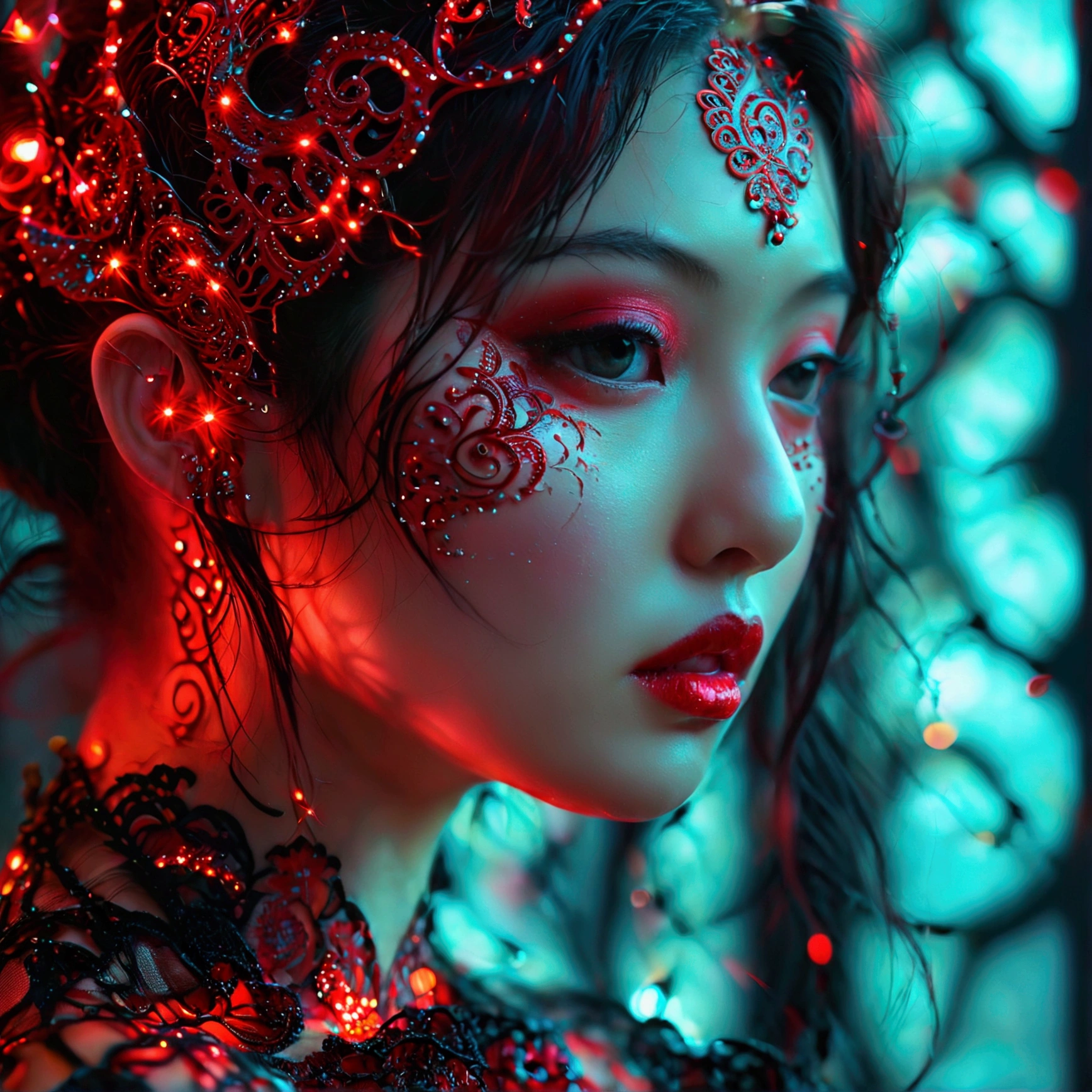 photo RAW, (Black, dark red and neon black : Bangal tiger representing Korea, woman, shiny aura, highly detailed, red filigree, intricate motifs, organic tracery, Januz Miralles, Hikari Shimoda, glowing stardust by W. Zelmer, perfect composition, smooth, sharp focus, sparkling particles, lively fashion show venue background Realistic, realism, hd, 35mm photograph, 8k), masterpiece, award winning photography, natural light, perfect composition, high detail, hyper realistic, her (massive breasts:1.4) and (deep cleavage:1.2)
