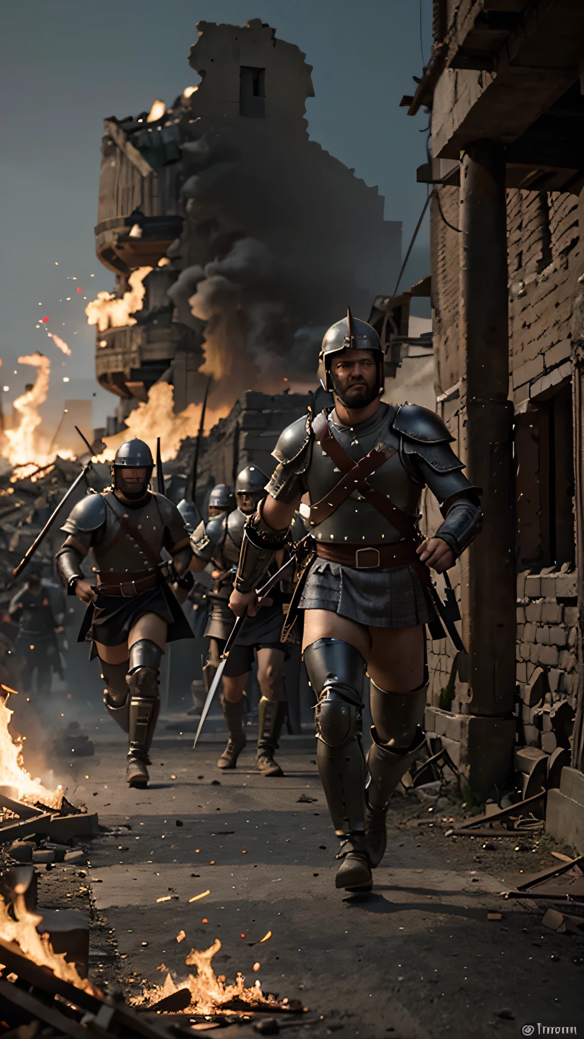 Create a 3D caricature of a Roman army general with his armor and sword and his troops in the back row running, in the 5th century, looking like they are about to enter the destroyed and burning city of Rome, create in great detail the background of the relevant building symbols and clothing on  back then and created this 8K Cinematic, using a color palette of black, gray, and red