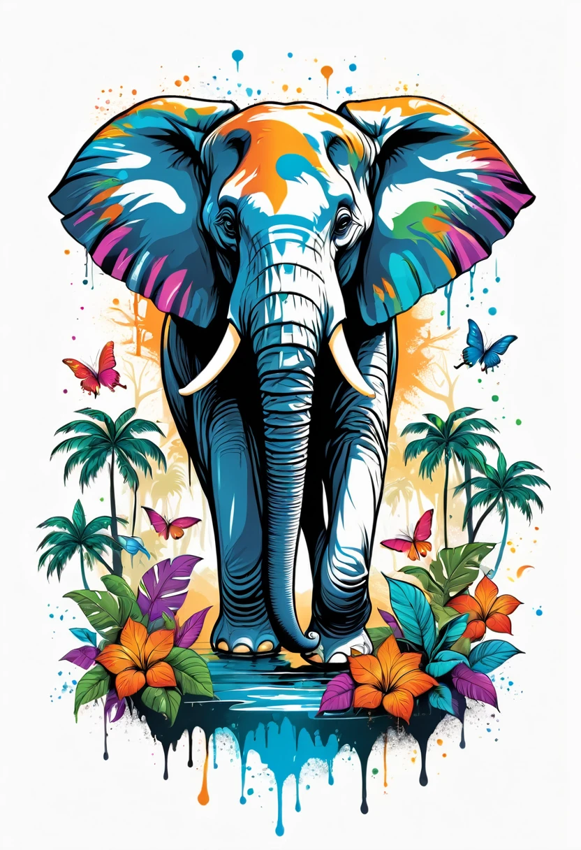 colorful t-shirt design of an elephant in a fantasy jungle, white background,