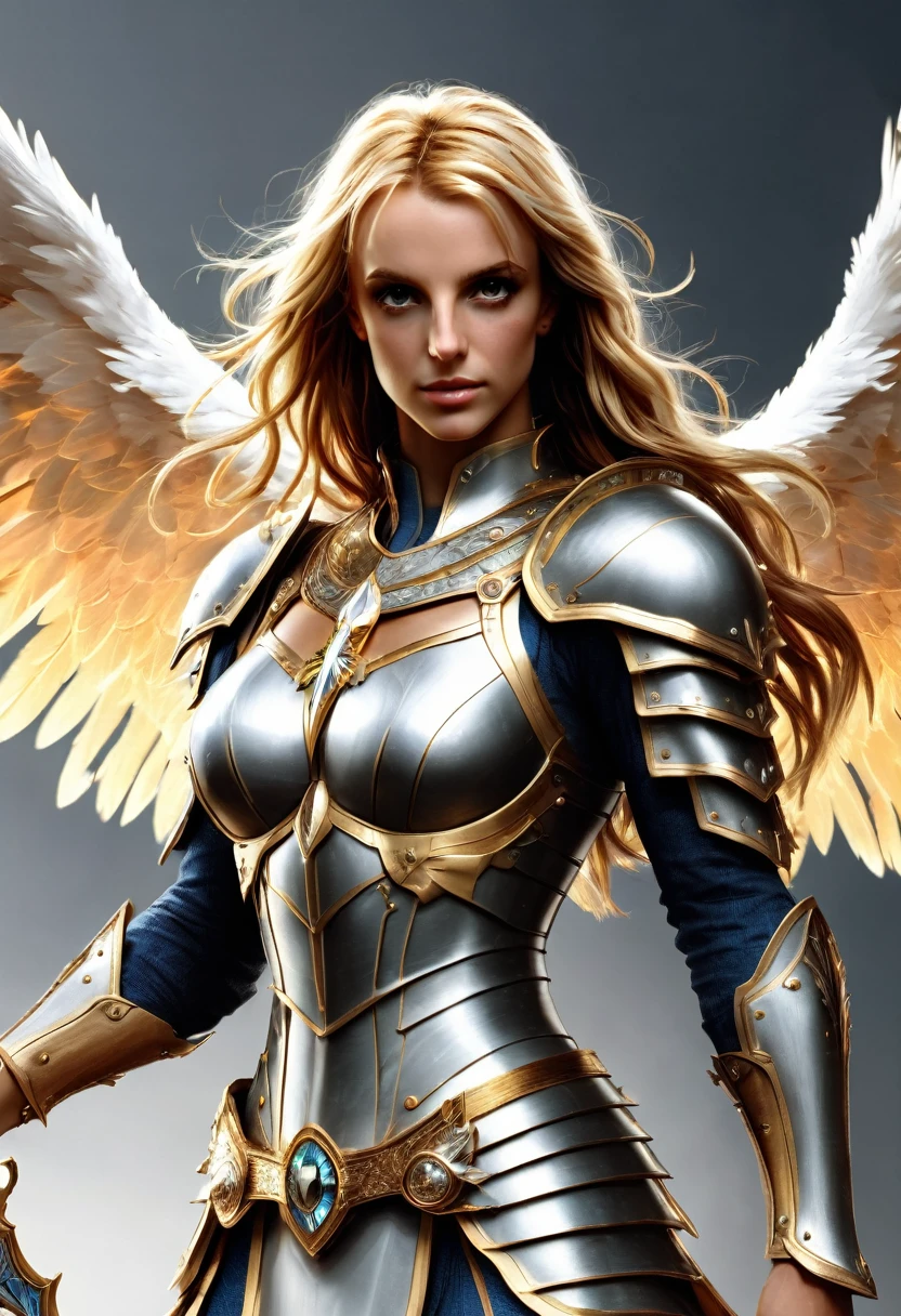A Britney launches superhero with wings and a sword, lord of change, , knights of the zodiac, like a mystical valkyrie, mystical atlantean valkyrie, phoenix warrior, archangel, new concept design , design , character official, of the angel knight, fullcolor, harpy, Design de personagem de fully body melhor qualidade, masterpiece best quality, realisitic, realisitic, award-winning illustration, (Highly detailed face and skin texture), (fully body), (Complicated Detail: 1.2), (finely detail), (Complicated Detail), (Cinematic Lights, better quality backlight), Sharp lines, sharp focus, offcial art, unity wallpaper 8k , absurdrez, unbelievably absurd, huge filesize, Ultra Girl , Fantasyart, RTX,((Closing photo by award-winning studio)), , (Close your mouth), , perfect hands, beautiful detailed eyes, face perfect