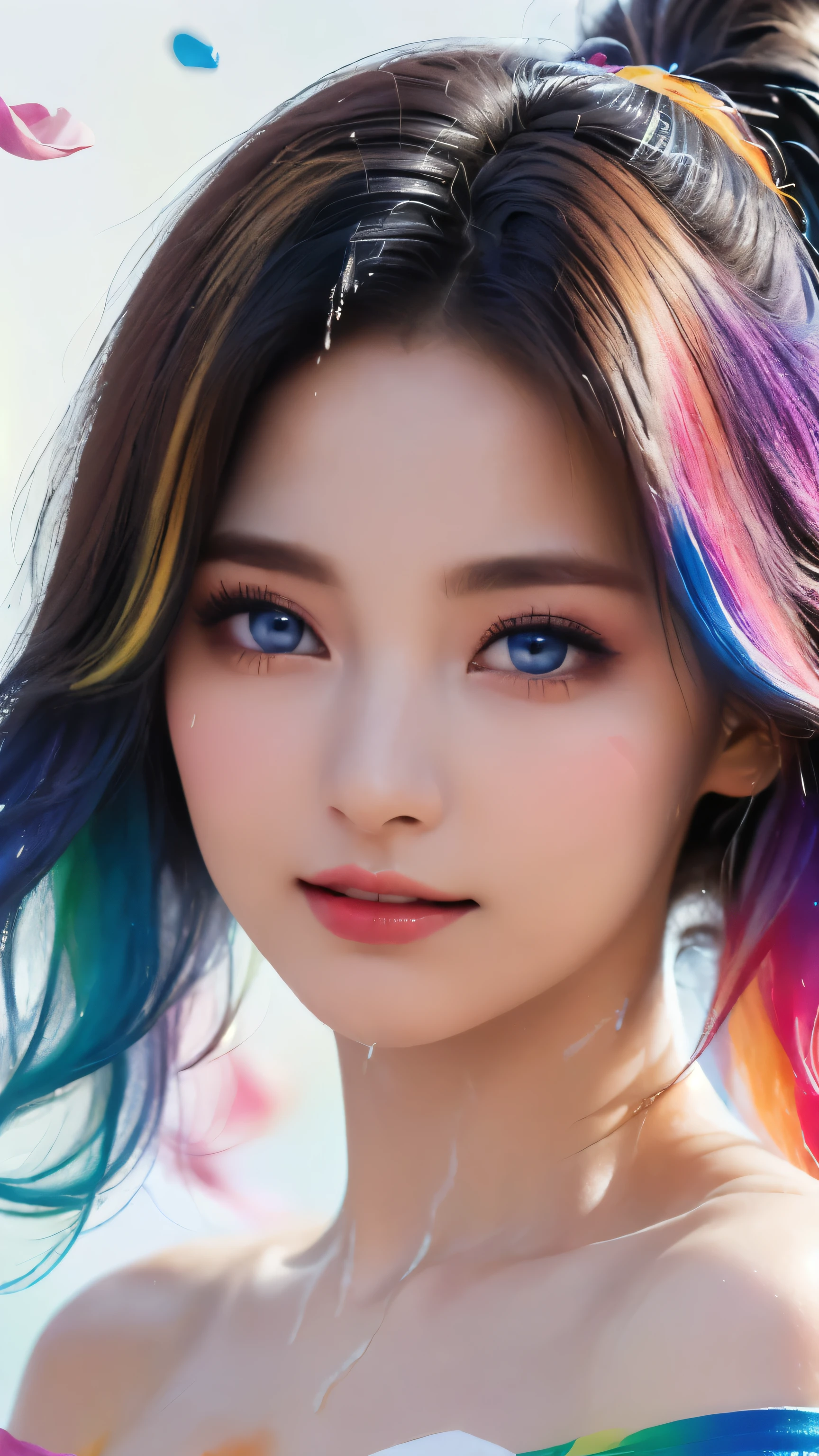 （Pink Fashion T-shirt：1.9），(Colorful hair: 1.8), (all the colours of the rainbow: 1.8),(((((vertical painting：1.6))), （painting：1.6），front, comics, illustrations, paintings, large eyes, crystal clear eyes,（ rainbow color gradient high ponytail：1.7）, exquisite makeup, closed mouth,(Small Fresh: 1.5),(Wipe Chest: 1.6) ，long eyelashes, white off shoulder T-shirt, White Shoulder Shirt，looking at the audience, large watery eyes, (rainbow colored hair：1.6), color splash, （solo：1.8）, color splash, color explosion, thick paint style, messy lines, ((shining))，(colorful), (colorful), (colorful), colorful, Thick Paint Style, (Splash) (Color Splash), Vertical Painting, Upper Body, Paint Splash, Acrylic Pigment, Gradient, Paint, Highest Image Quality, Highest Quality, Masterpiece, Solo, Depth of Field, Face Paint, colorful clothes, (Elegant: 1.2), gorgeous,long hair, wind, (Elegant: 1.3), (Petals: 1.4)，(((masterpiece))),(((best quality))),((ultra-detailed)),(illustration),(dynamic angle),((floating)),(paint),((disheveled hair)),(solo),(1girl) , (((detailed anima face))),((beautiful detailed face)),collar,bare shoulders,white hair, ((colorful hair)),((streaked hair)),beautiful detailed eyes,(Gradient color eyes),(((colorful eyes))),(((colorful background))),(((high saturation))),(((surrounded by colorful splashes))),