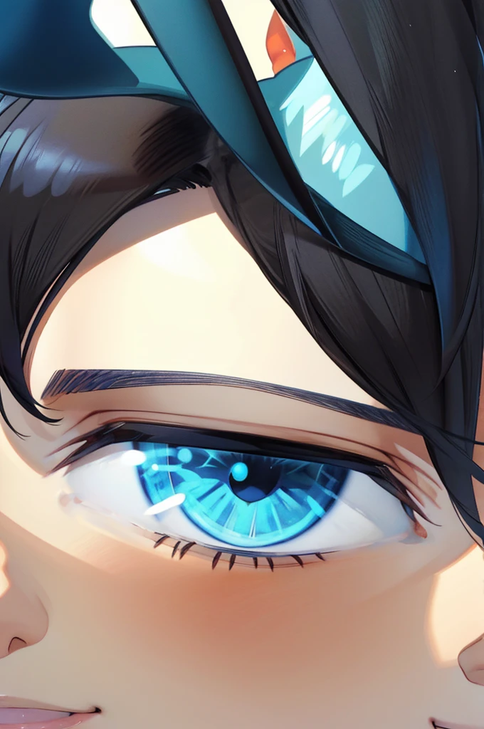 Anime boy, portrait shot, Blue eyes, medium length black hair, short blue horns on the head, lightly smile on his face