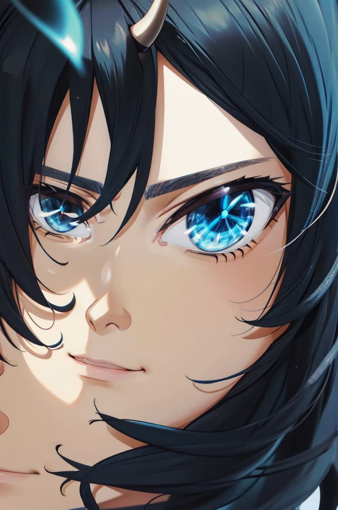 Anime boy, portrait shot, Blue eyes, medium length black hair, short blue horns on the head, lightly smile on his face