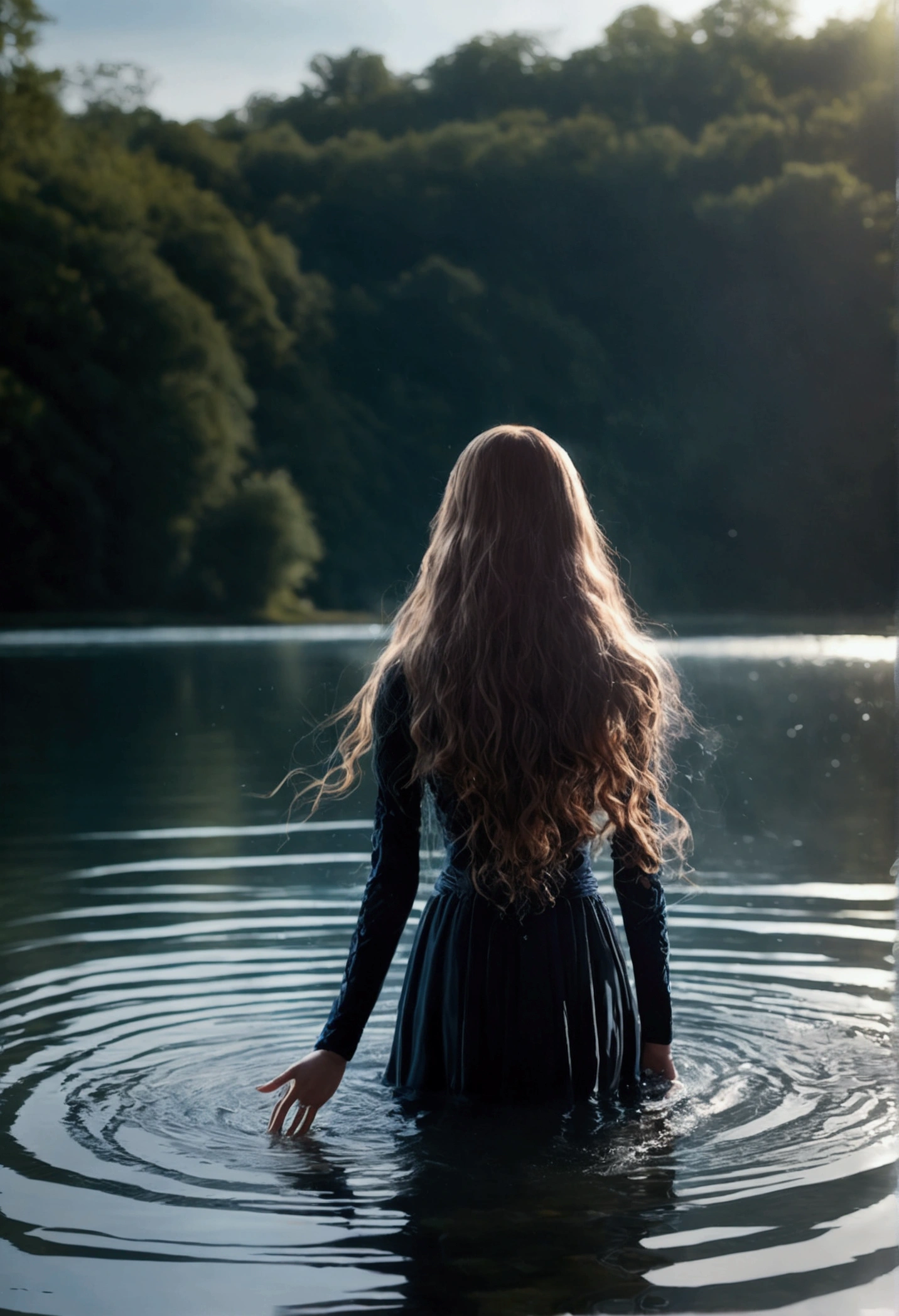 (masterpiece:1.2), Highest quality, (figure:1.2), (Ultra-detailed), Hyper Details, (Delicate), (Intricate details), (Cinematic Light, Highest quality Backlights), Delete a row, soloist, Perfect body, (1 girl),visualize (((Witch of the Water Spirit from Another World))) Flowing, (((Long Hair))), soft like air, A shining aura (((Calm, Quiet Lake))), Capturing the mystery and wonder of mist., (compensate), High Contrast, (Better lighting, Very creative and beautiful), (Cinematic Light), flashy,