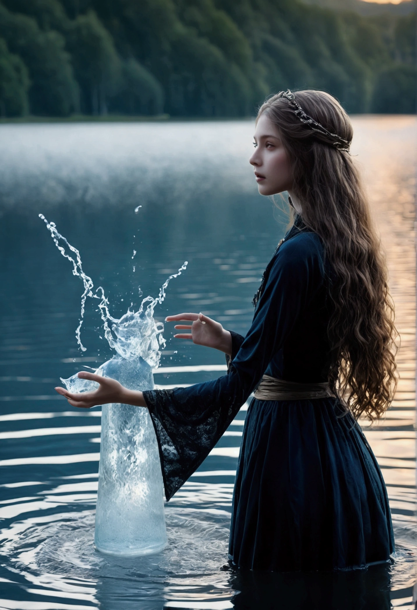 (masterpiece:1.2), Highest quality, (figure:1.2), (Ultra-detailed), Hyper Details, (Delicate), (Intricate details), (Cinematic Light, Highest quality Backlights), Delete a row, soloist, Perfect body, (1 girl),visualize (((Witch of the Water Spirit from Another World))) Flowing, (((Long Hair))), soft like air, A shining aura (((Calm, Quiet Lake))), Capturing the mystery and wonder of mist., (compensate), High Contrast, (Better lighting, Very creative and beautiful), (Cinematic Light), flashy,