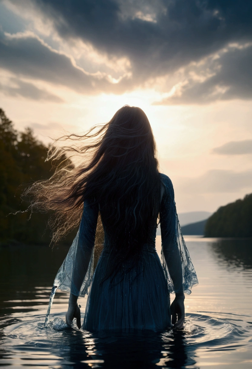 (masterpiece:1.2), Highest quality, (figure:1.2), (Ultra-detailed), Hyper Details, (Delicate), (Intricate details), (Cinematic Light, Highest quality Backlights), Delete a row, soloist, Perfect body, (1 girl),visualize (((Witch of the Water Spirit from Another World))) Flowing, (((Long Hair))), soft like air, A shining aura (((Calm, Quiet Lake))), Capturing the mystery and wonder of mist., (compensate), High Contrast, (Better lighting, Very creative and beautiful), (Cinematic Light), flashy,