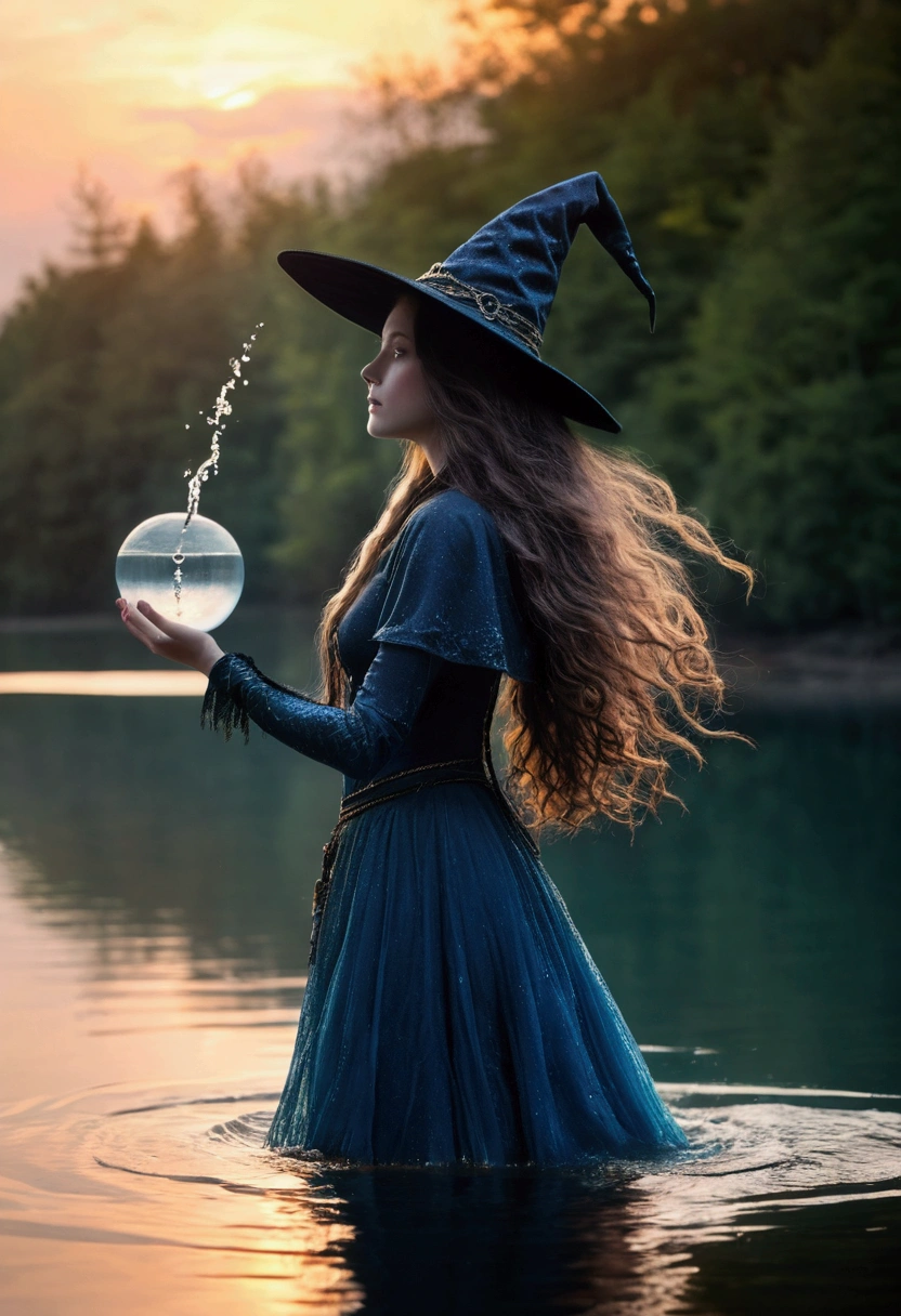 (masterpiece:1.2), Highest quality, (figure:1.2), (Ultra-detailed), Hyper Details, (Delicate), (Intricate details), (Cinematic Light, Highest quality Backlights), Delete a row, soloist, Perfect body, (1 girl),visualize (((Witch of the Water Spirit from Another World))) Flowing, (((Long Hair))), soft like air, A shining aura (((Calm, Quiet Lake))), Capturing the mystery and wonder of mist., (compensate), High Contrast, (Better lighting, Very creative and beautiful), (Cinematic Light), flashy,