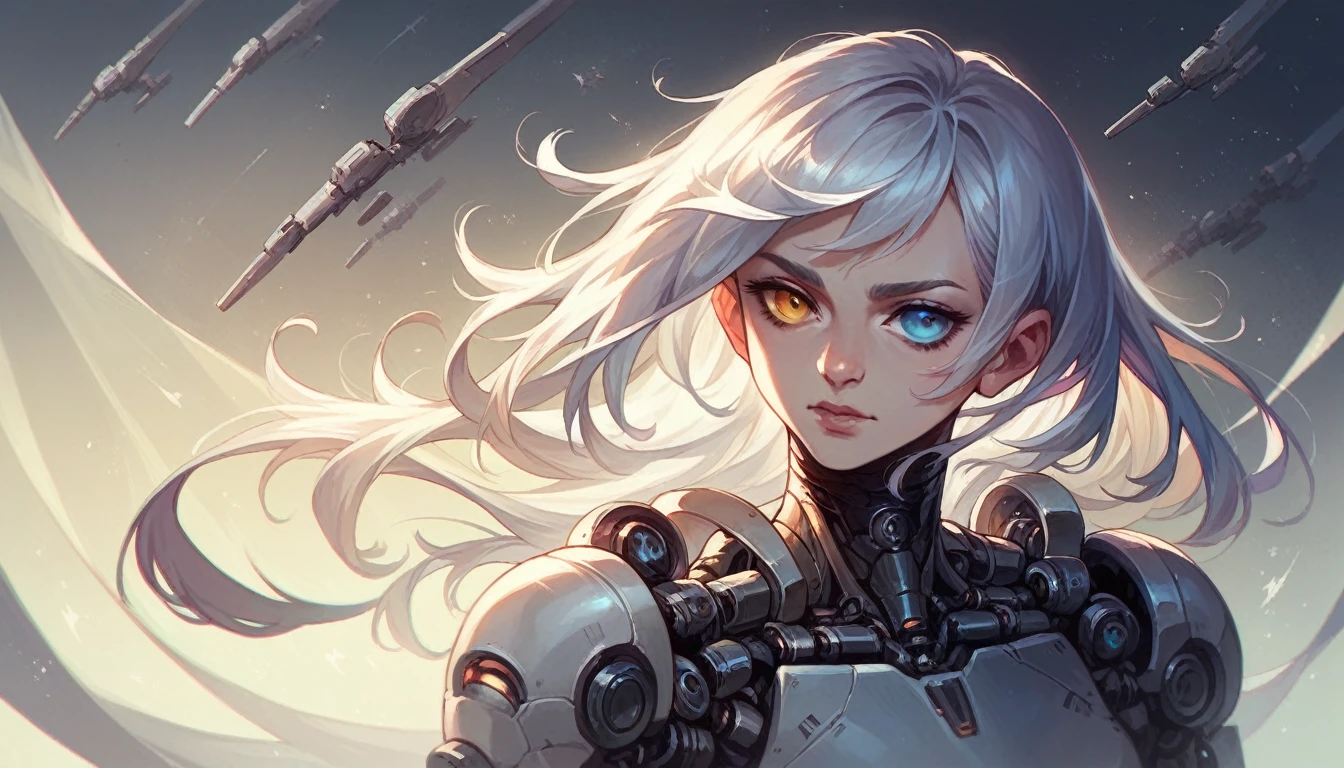 beauty, Girl, mechanical parts, in the space, Hyperrealistic details, volumetric lighting, high quality, minute details, silver hair, heterochromia,