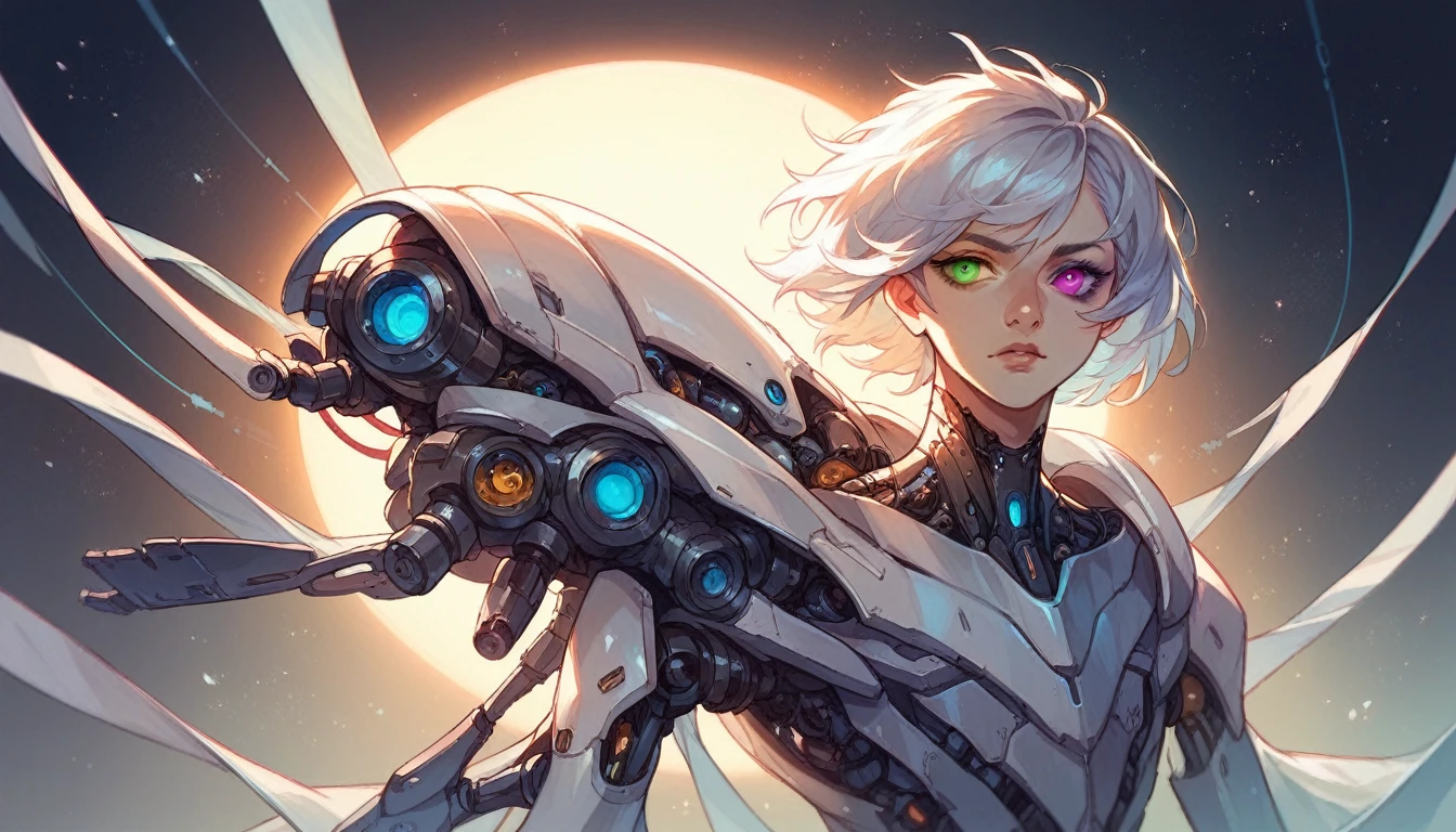 beauty, Girl, mechanical parts, in the space, Hyperrealistic details, volumetric lighting, high quality, minute details, silver hair, heterochromia,