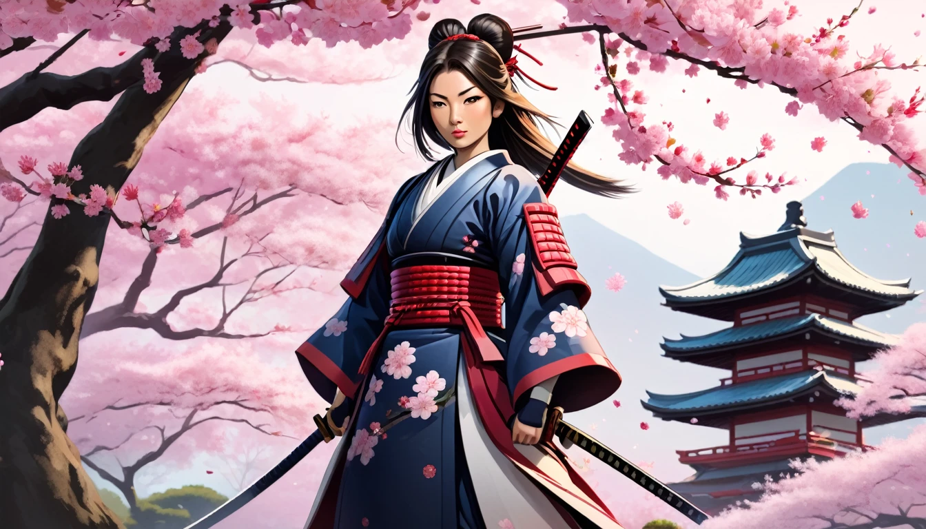 Female samurai,Background is cherry blossoms and Japanese garden