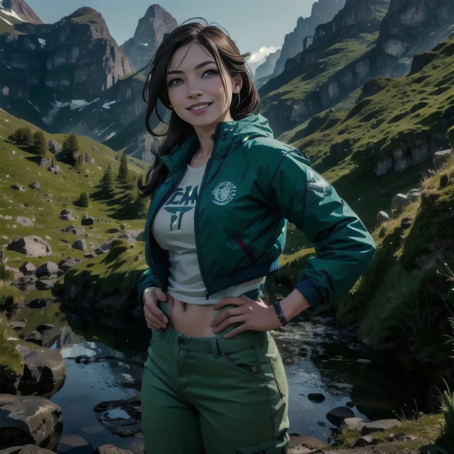 A beautiful woman with green eyes, smiling, posing happily in the mountains, wearing travel clothes, high mountain, adventure, (best quality,4k,8k,highres,masterpiece:1.2),ultra-detailed,(realistic,photorealistic,photo-realistic:1.37),HDR,UHD,studio lighting,ultra-fine painting,sharp focus,physically-based rendering,extreme detail description,professional,vivid colors,bokeh,portrait,landscape,adventurous, pantalones veis, chamarra azul, posando para la foto, pantalon cafe, chaqueta azul, hermosa, ropa de lara croft