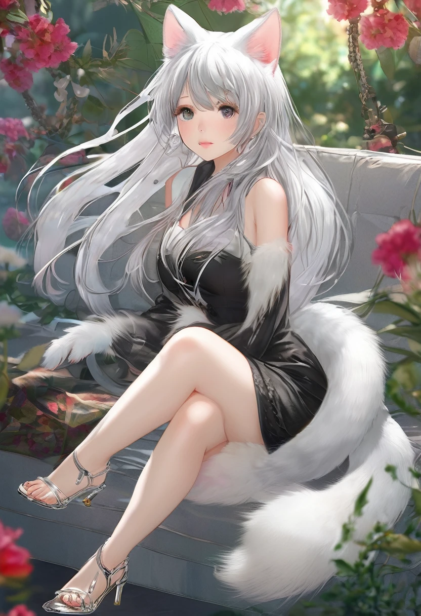 Full body photo of girl(detail:1.4)(rear rear view),(14 year old pretty girl:1.6),( panoramic view:1.2,lesbian full body:1.2) Filtering correct anatomy, perfectly proportioned, adorable, Beautiful silky silver gray hair, hair with side braids, furry tail, maximum definition and sharpness,Eyes red , hair jewelry, Masterpiece artwork de cocar em forma de gato, transparent white fabric , Small shaped legs, white transparent silk pantyhose, feet animal body, feet in strappy sandals, Beautiful and detailed heels, high resolution、Top-notch image quality、8k、Real live action、Raw photo、maximum quality、Masterpiece artwork