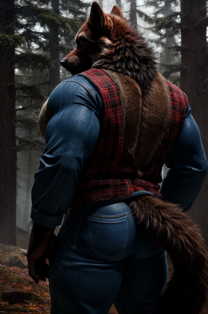 (full body shot), (realistic style), (furry), (humanoid), male wolf, full body brown fur, brown eyes, perfect muscular body, and biggest muscles, biggest pecs, biggest thighs, and biggest ass, wearing blue jeans and red plaid jacket, no shirt, realistic forest background, rear shot, longest brown wolf tail