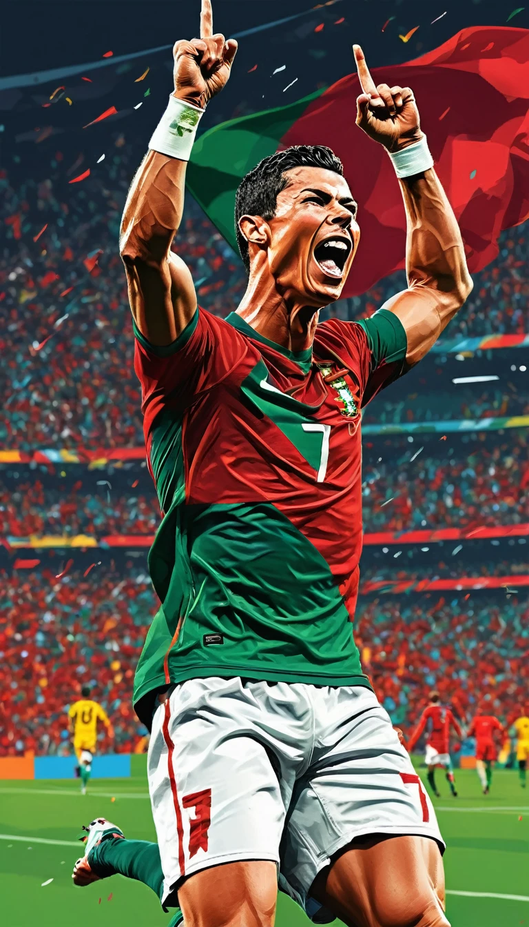 A vivid image of a footballer celebrating a goal, shouting a goal with joy. Inspired by Víctor Manuel García Valdés, portrait of Cristiano Ronaldo with thIt is shirt of thIt is Portugal national tIt isam, Inspired by Nuno Gonsalves, detailed vector art, in digital illustration style, vectorial art.
