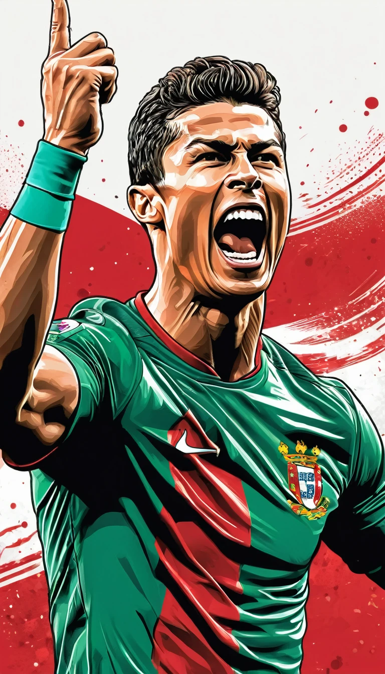 A vivid image of a footballer celebrating a goal, shouting a goal with joy. Inspired by Víctor Manuel García Valdés, portrait of Cristiano Ronaldo with thIt is shirt of thIt is Portugal national tIt isam, Inspired by Nuno Gonsalves, detailed vector art, in digital illustration style, vectorial art.

