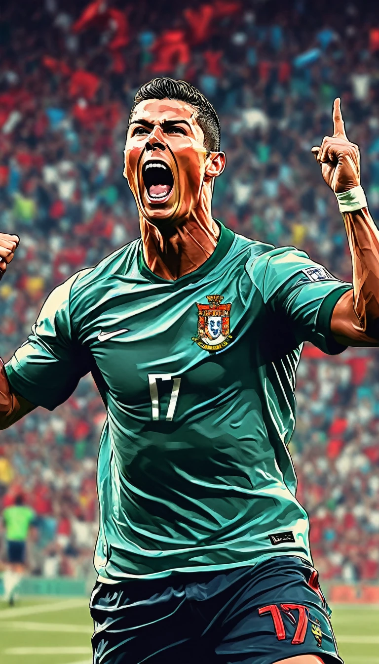 A vivid image of a footballer celebrating a goal, shouting a goal with joy. Inspired by Víctor Manuel García Valdés, portrait of Cristiano Ronaldo with thIt is shirt of thIt is Portugal national tIt isam, Inspired by Nuno Gonsalves, detailed vector art, in digital illustration style, vectorial art.