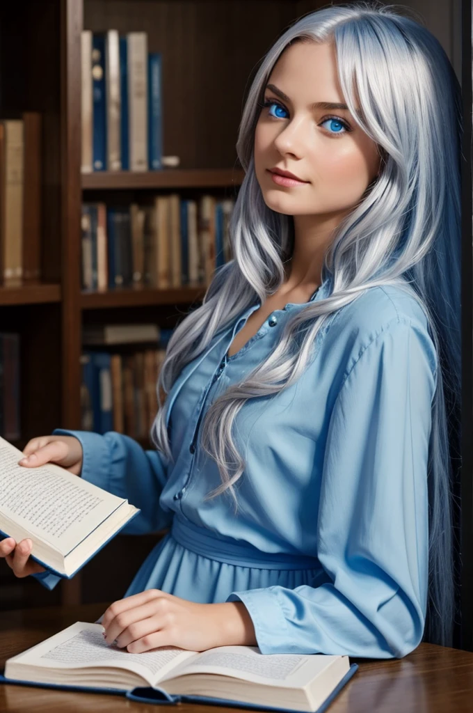 A girl - a magician with silver hair and blue eyes writes a book

