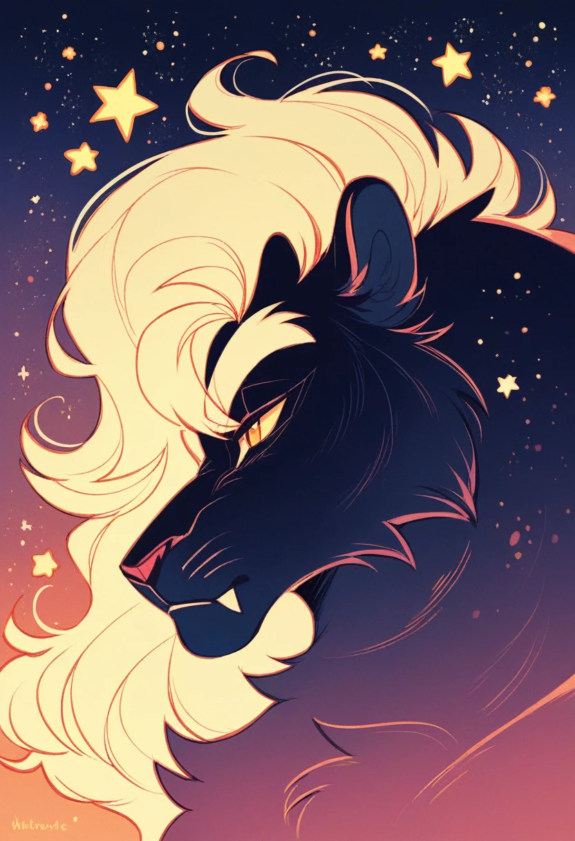 a lion silhouette composed by bright stars. Cosmic background