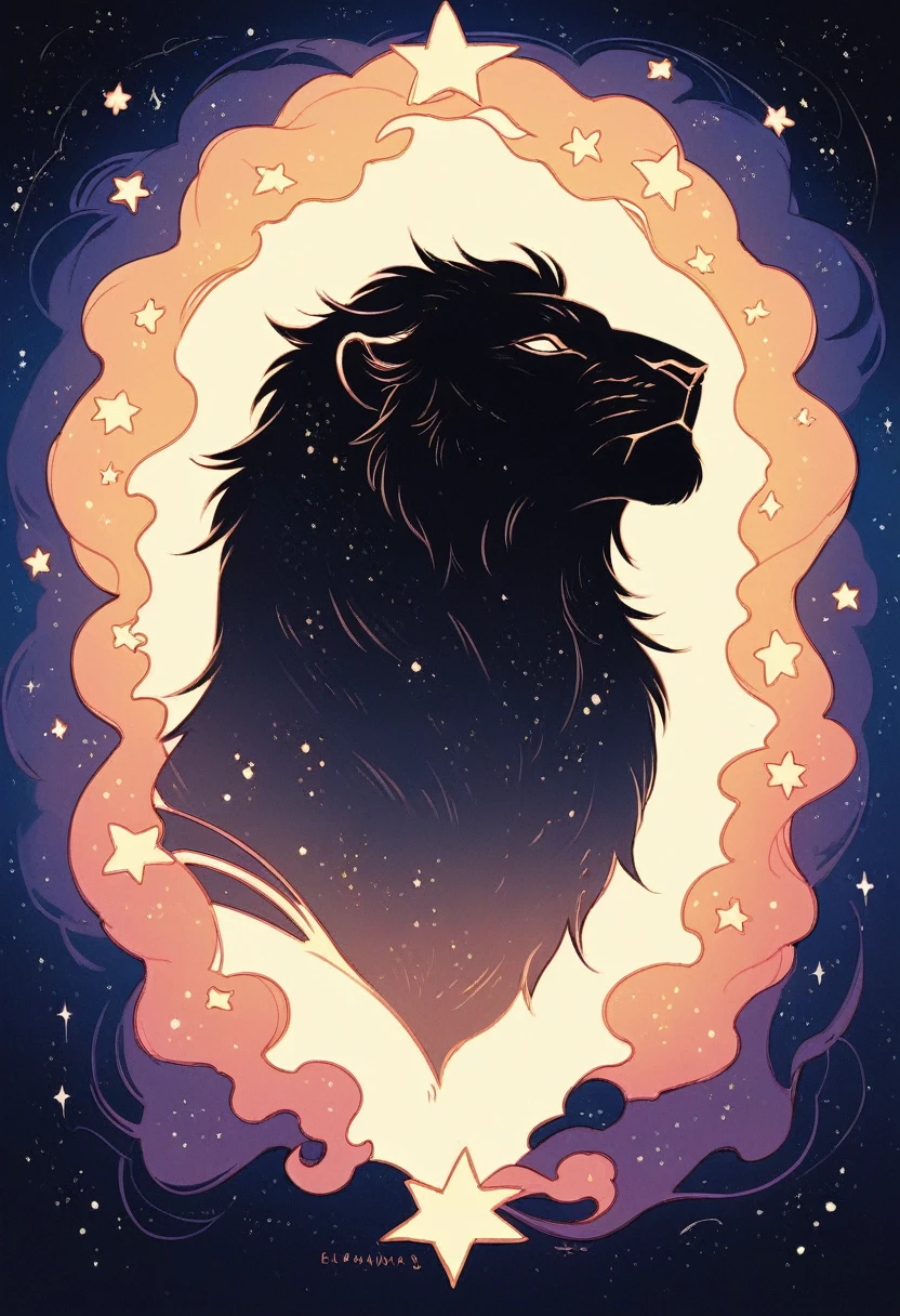 a lion silhouette composed by bright stars. Cosmic background