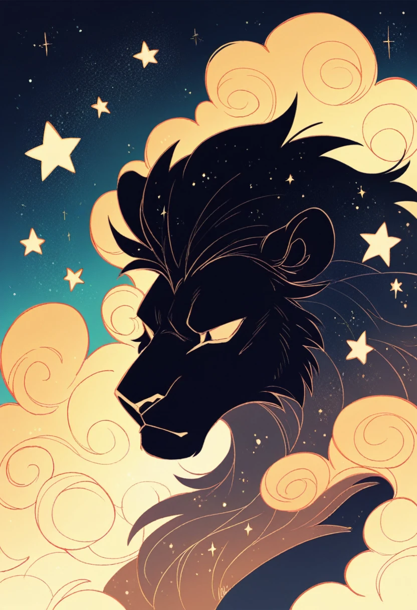a lion silhouette composed by bright stars. Cosmic background