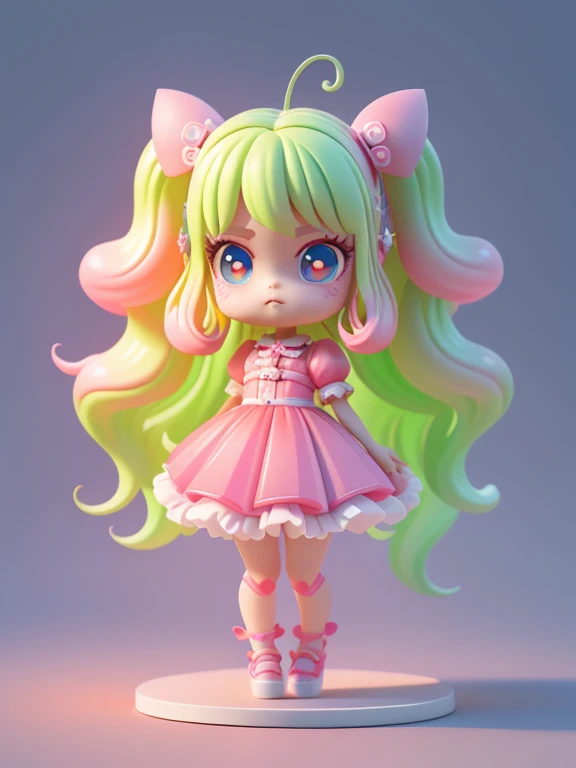 Detailed plastic materials, ((same character, front, side, back)) best quality, (very detailed model), (best quality), octane rendering, ray tracing, very detailed, 3D toys , exaggerated huge hair, (full body) (3D hair, cute hair accessories, ((ren)), beautiful eyes, cute big eyes, cute face, pink and green gradient, drum skirt, cute skirt, chib, fluorescent half Transparent, colorful, plastic, childtransparent, product design, luminous jelly, exquisite and cute plastic, beautiful light and shadow 3d, digital art, translucent plastic bubble gum, close-up, 3d, ultra-detailed, generate front view, side view, rear view three views , borderless, c4d, Octane rendering, Blender, HD, full body, simple background! - v6