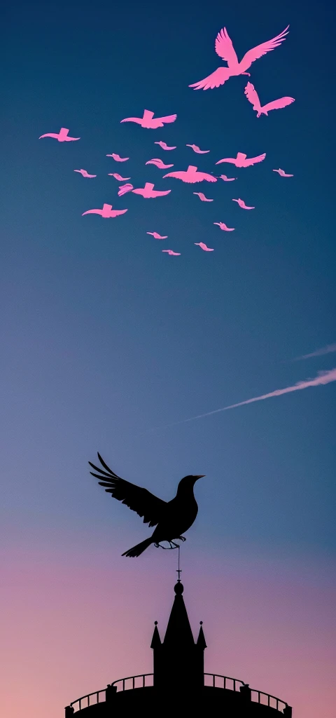 dark style, pink and blue colors, with several black birds and many random symbols in the background. Makes it look like it's moving.