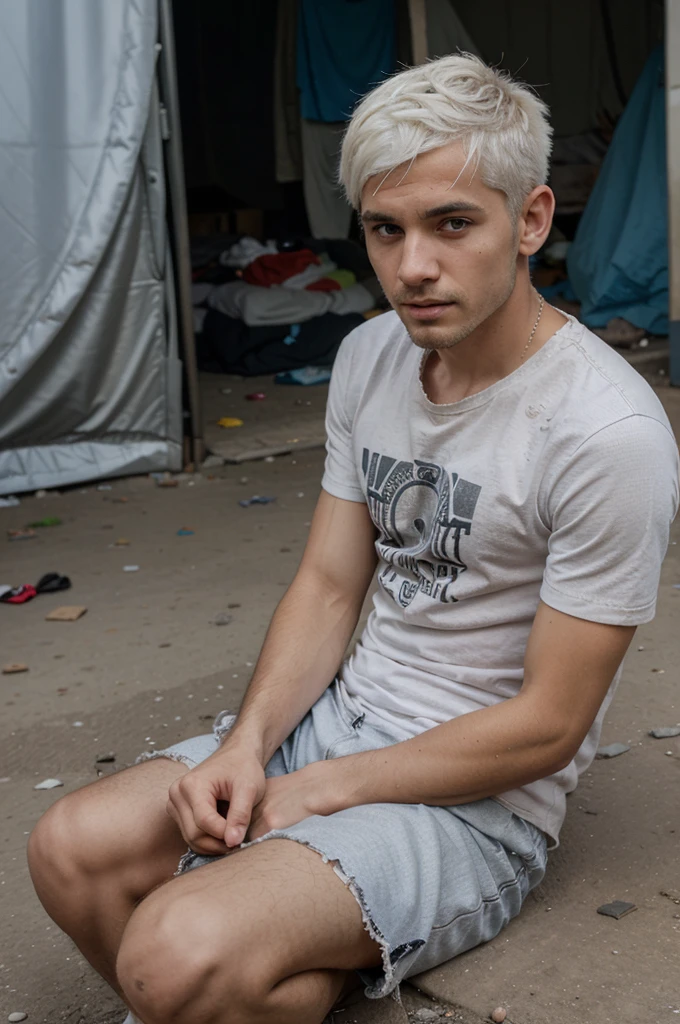 Man with short white hair, fine eyes, tattered short sleeves, refugee camp background, sitting on the ground