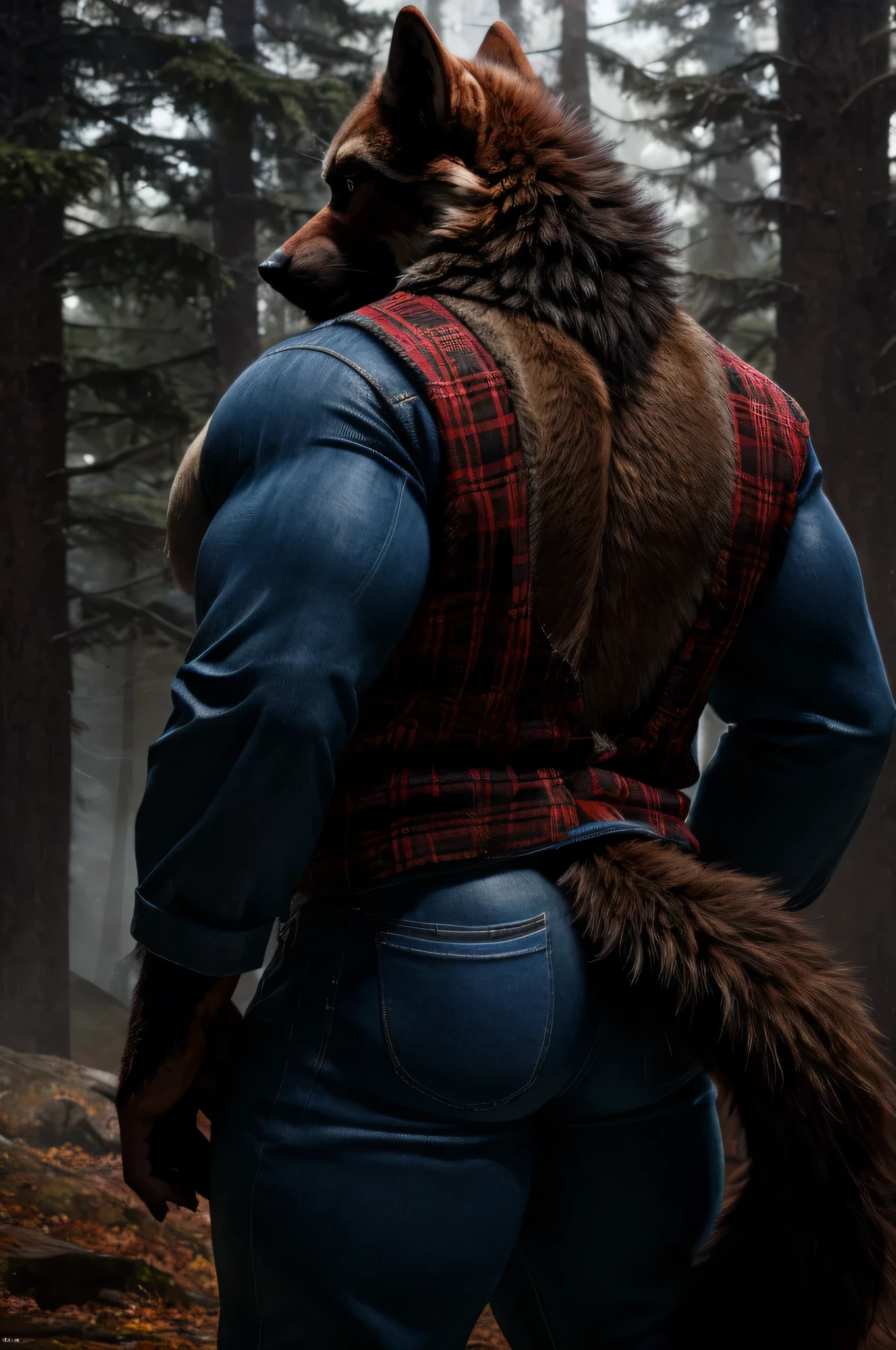 (full body shot), (realistic style), (furry), (humanoid), male wolf, full body brown fur, brown eyes, perfect muscular body, and biggest muscles, biggest pecs, biggest thighs, and biggest ass, wearing blue jeans and red plaid jacket, no shirt, realistic forest background, rear shot, longest brown wolf tail