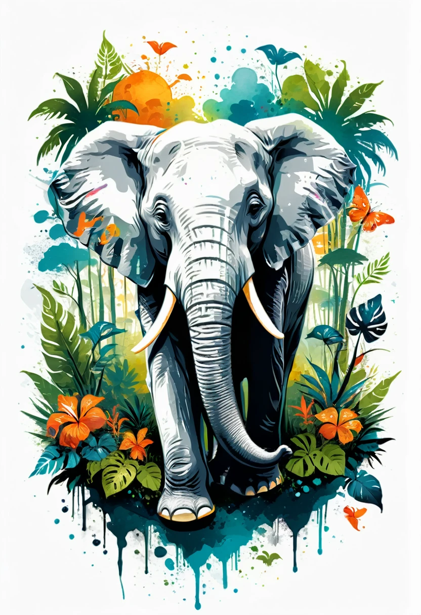 colorful t-shirt design of an elephant in a fantasy jungle, white background,