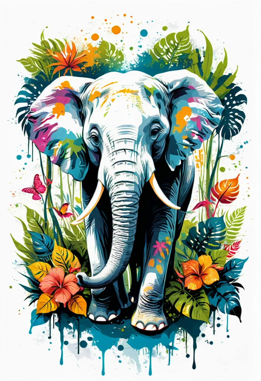 colorful t-shirt design of an elephant in a fantasy jungle, white background,
