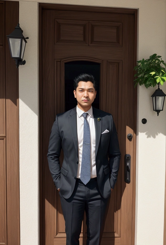 A man standing front of door .....create multiple pose . Also same face