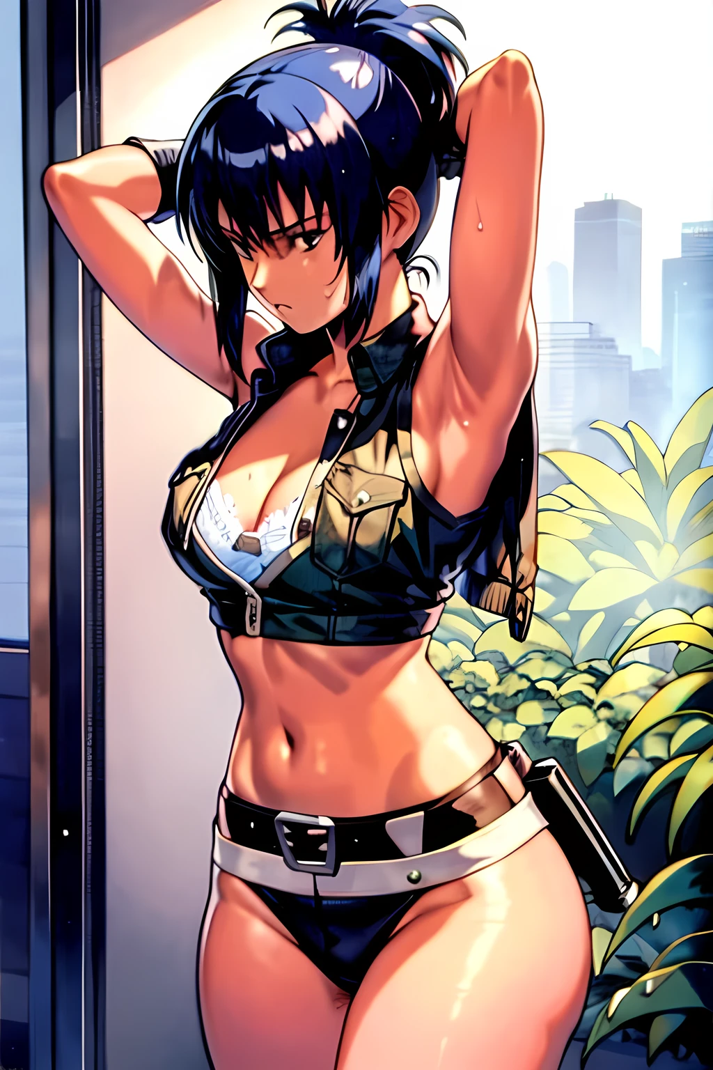 masterpiece, best quality, anime 1990s \(style\, leona heidern,  naked, fully open vest,pants ,jungle, pony tail, wet, serious, gloves,, nipples , sleeveless 