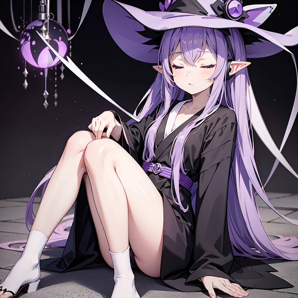 1 person. Anime girl with long purple hair and black robe. Pointy ears. Cute as in manga. Sitting with eyes closed. Headphones. Witch hat on the ground. Clothes inside are white.