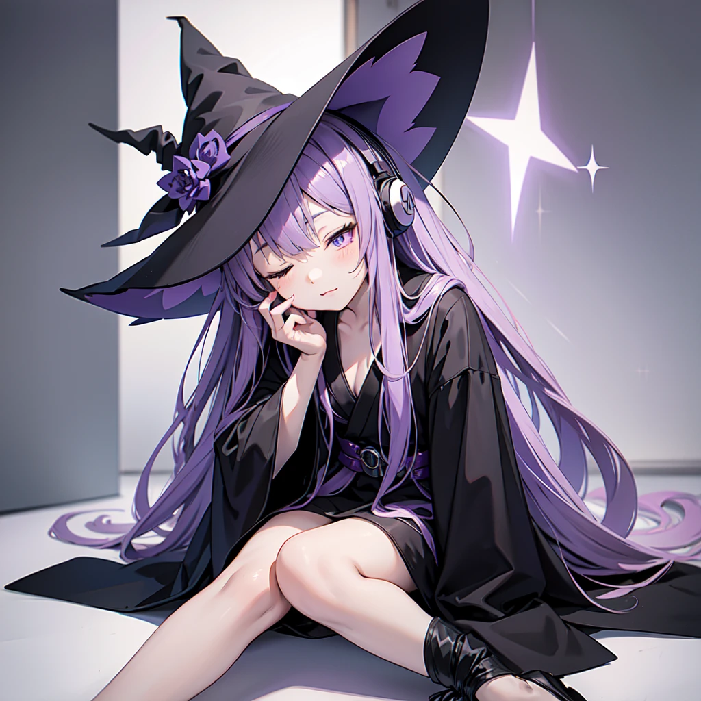 1 person. Anime girl with long purple hair and black robe. Pointy ears. Cute as in manga. Sitting  with eyes closed. Headphones. Witch hat on the ground. Clothes inside are white.
